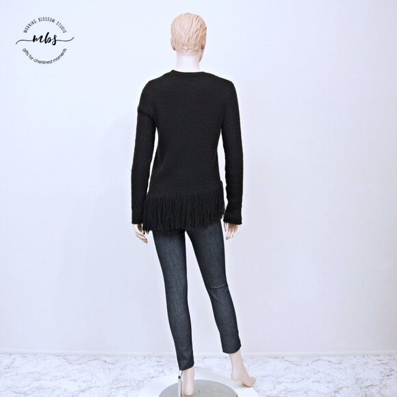 Theory Hudina Asymmetrical Crew Neck Merino Wool Fringe Hem Sweater Black SP - Picture 6 of 14